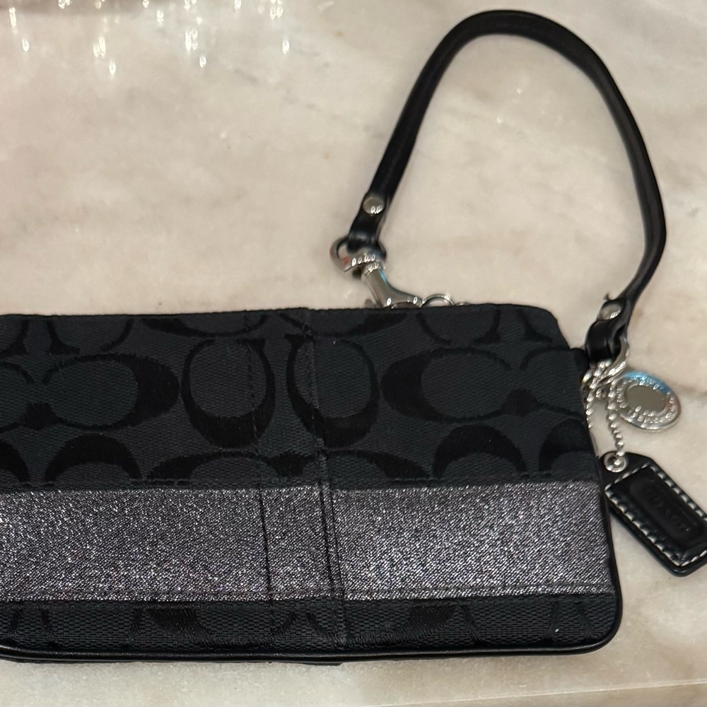 Coach Black and Gray Signature Wristlet with Silver Accent